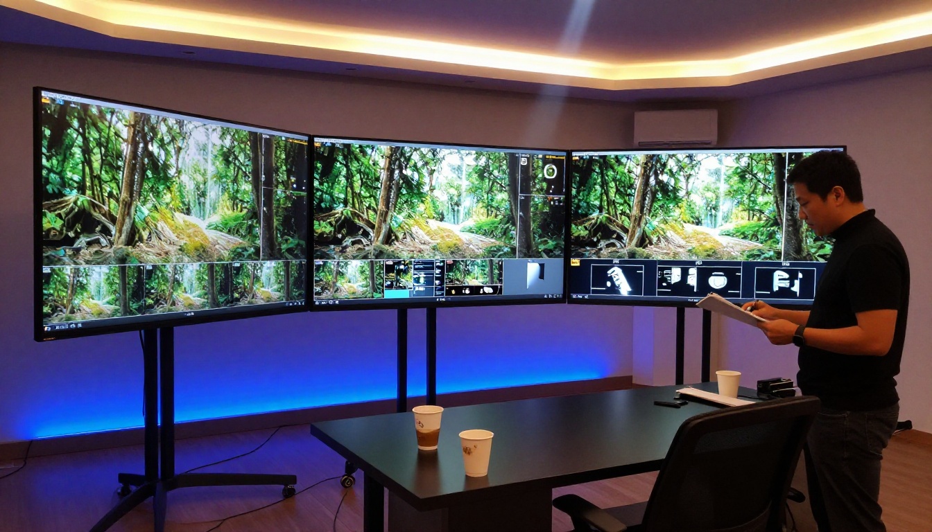 Professional video production studio with three monitors showing synchronized extended video clips Professional video production studio with three monitors showing synchronized extended video clips