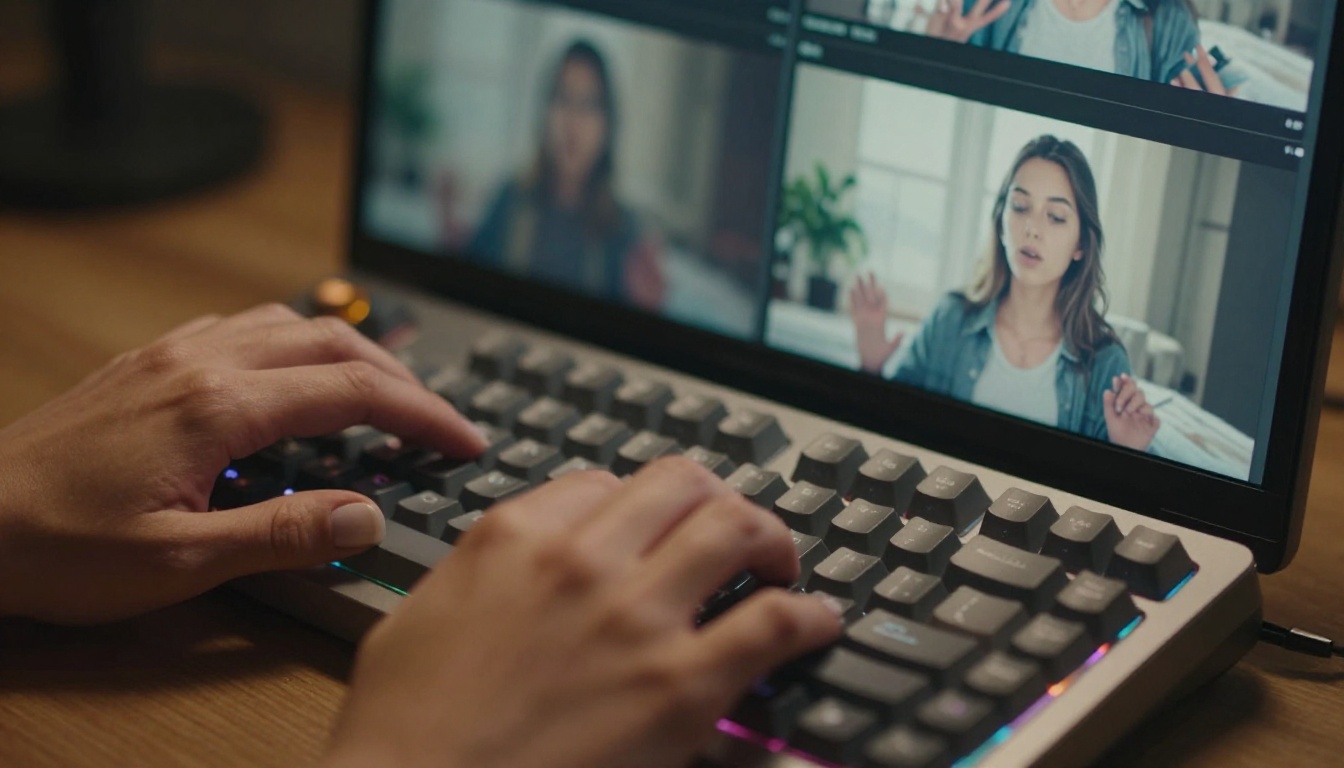 Close-up of hands working on video editing software with frame comparison visible on screen Close-up of hands working on video editing software with frame comparison visible on screen