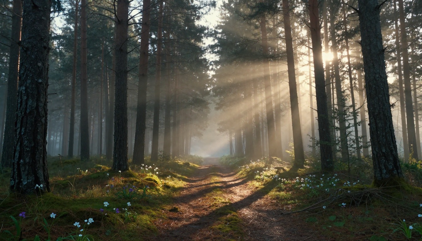 Forest clearing at early morning with volumetric light rays through pine trees and morning mist Forest clearing at early morning with volumetric light rays through pine trees and morning mist