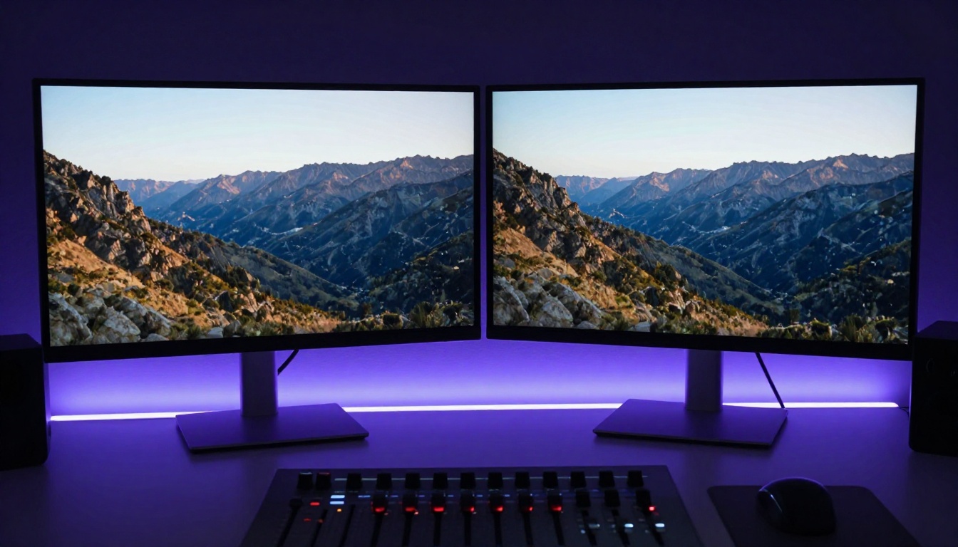 Two side-by-side professional monitors showing original video and its seamlessly extended continuation Two side-by-side professional monitors showing original video and its seamlessly extended continuation
