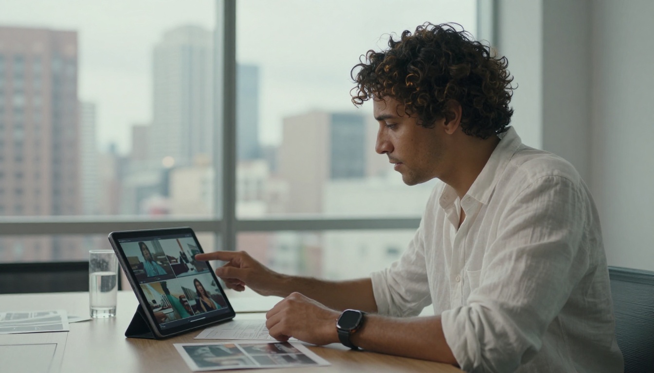 Creative director pointing at AI-generated video frame on tablet while reviewing with client Creative director pointing at AI-generated video frame on tablet while reviewing with client