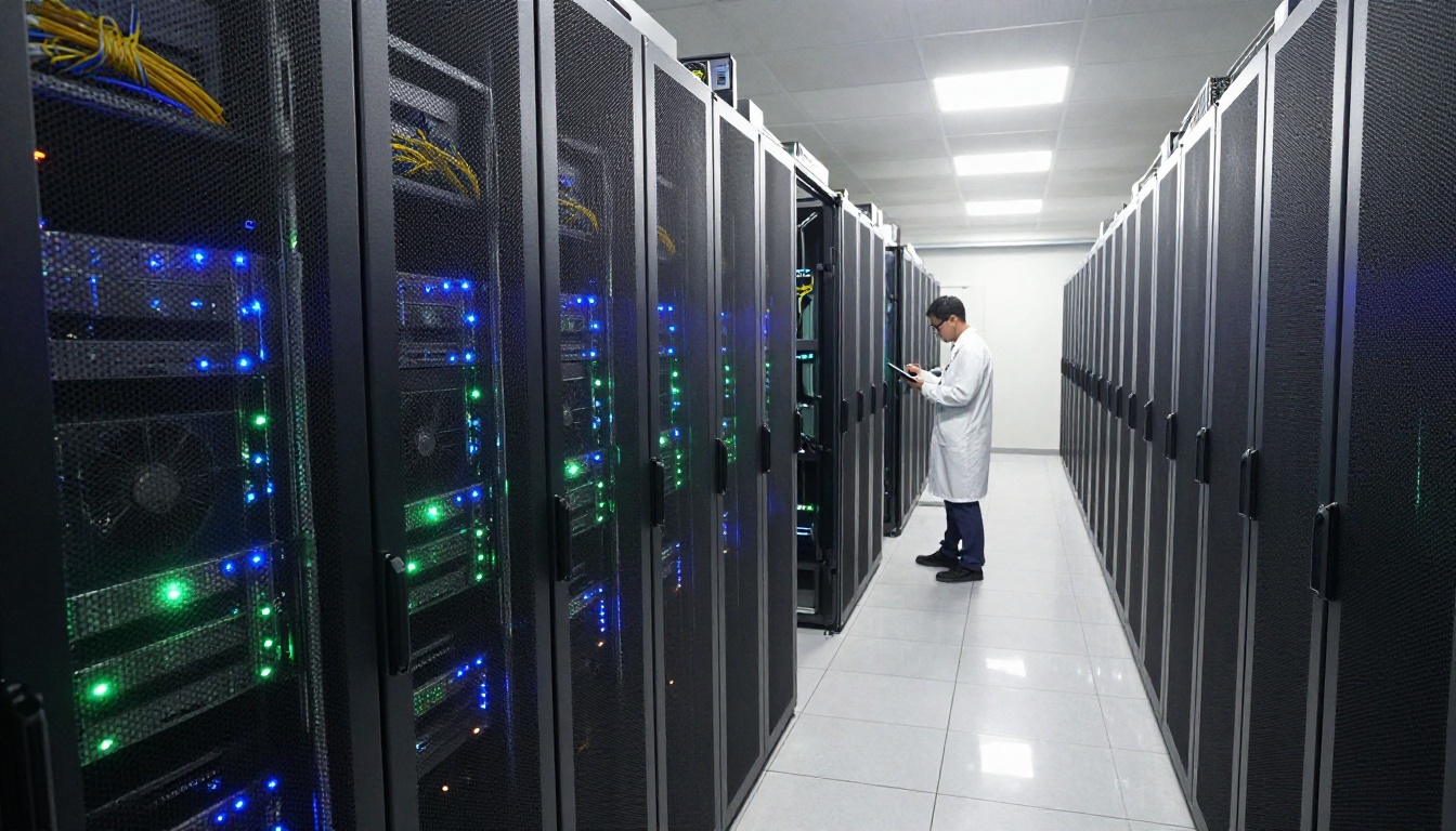 Modern data center with server racks and a technician inspecting computing infrastructure Modern data center with server racks and a technician inspecting computing infrastructure