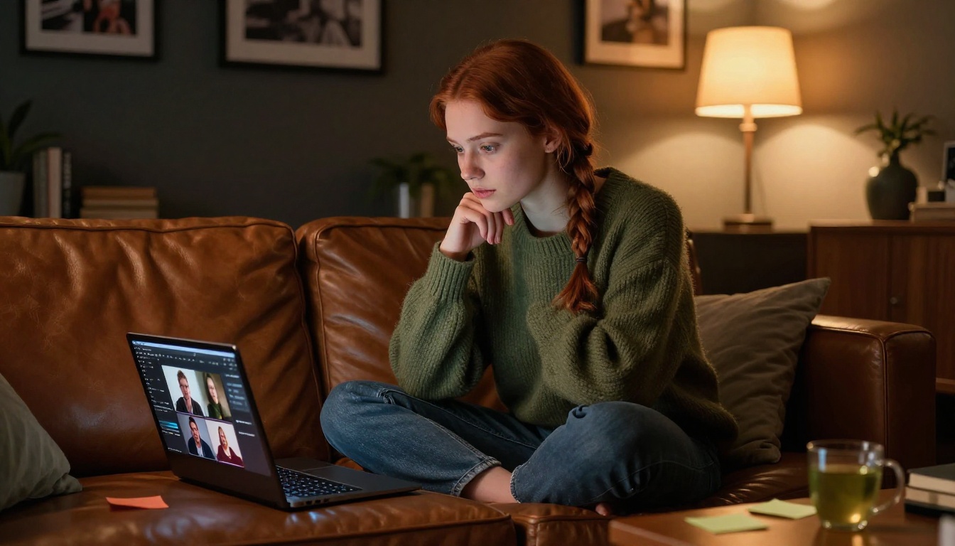 Young woman reviewing AI video generation results on laptop in a warmly lit living room Young woman reviewing AI video generation results on laptop in a warmly lit living room