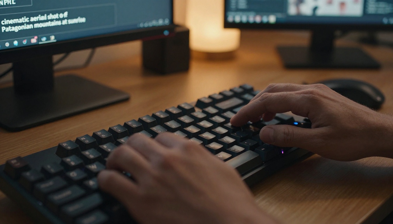 Hands typing a creative AI video prompt on a mechanical keyboard with warm studio lighting