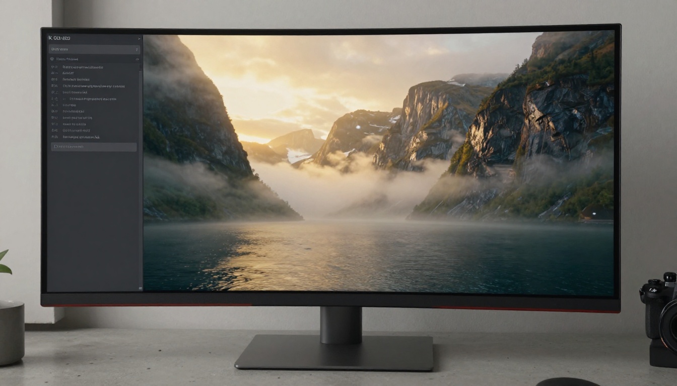 Split-screen monitor showing text prompt input alongside a stunning AI-generated 4K cinematic landscape
