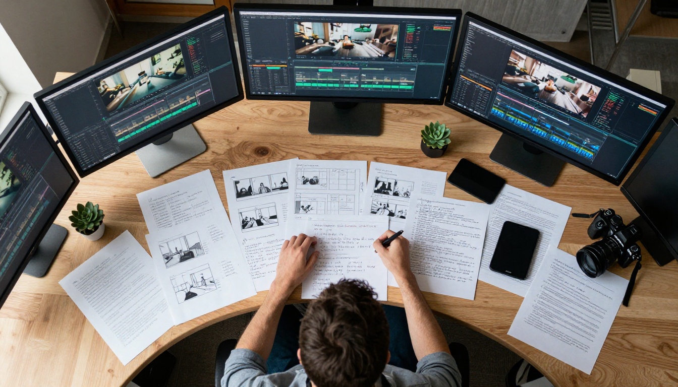 Aerial view of a creative director's workspace with storyboards, monitors, and video editing interfaces