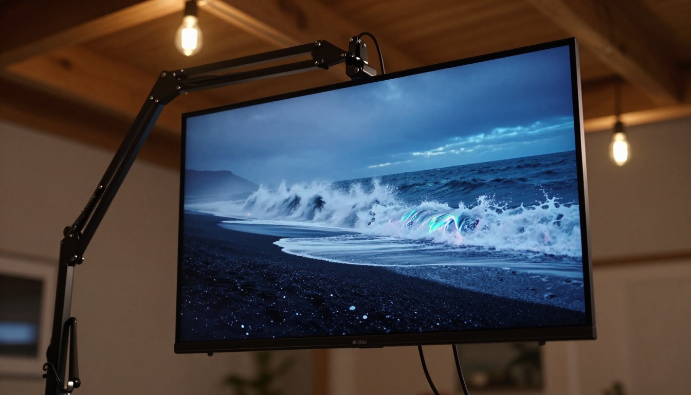 Low-angle shot of a 4K monitor displaying a stunning AI-generated Icelandic coastal video frame