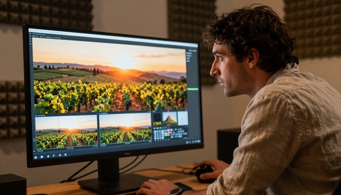 Video editing professional reviewing a 4K AI-generated cinematic video frame on a large studio monitor