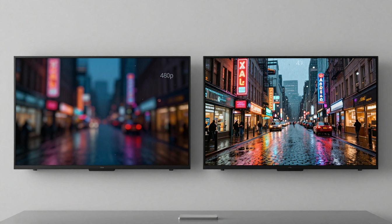 Side-by-side quality comparison of low-resolution and 4K AI video output of a city street scene at night