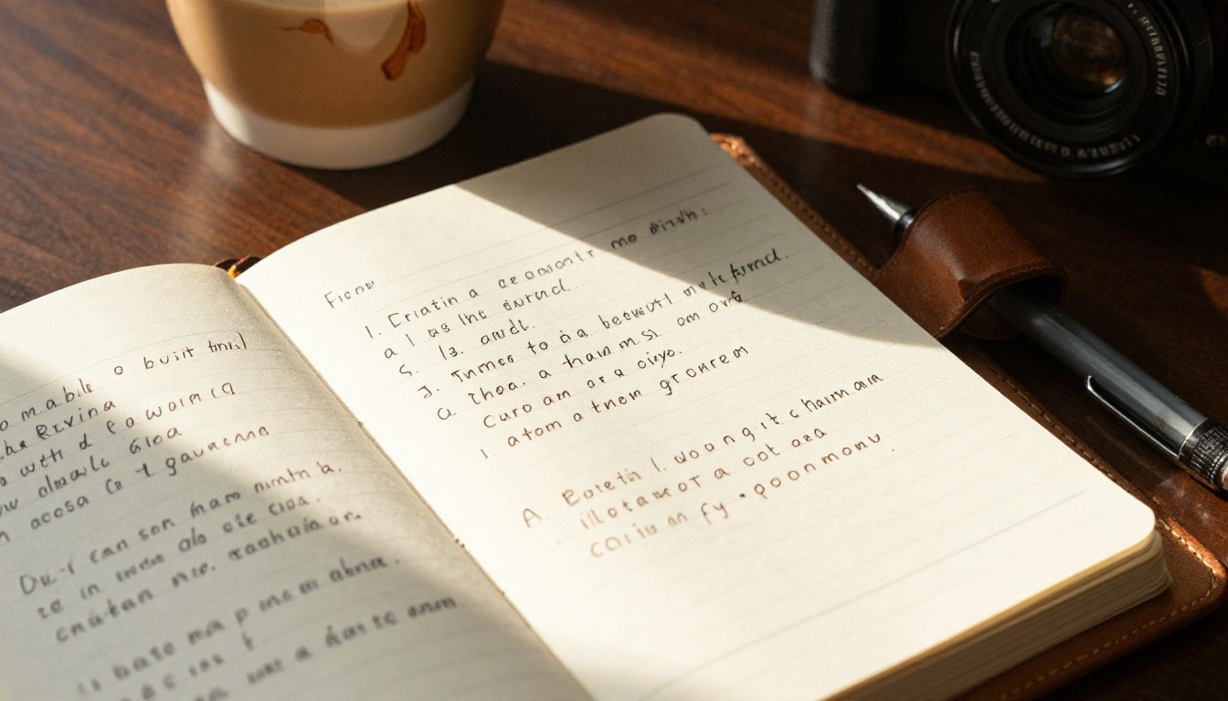 Open leather notebook with handwritten AI video prompts under warm morning directional light
