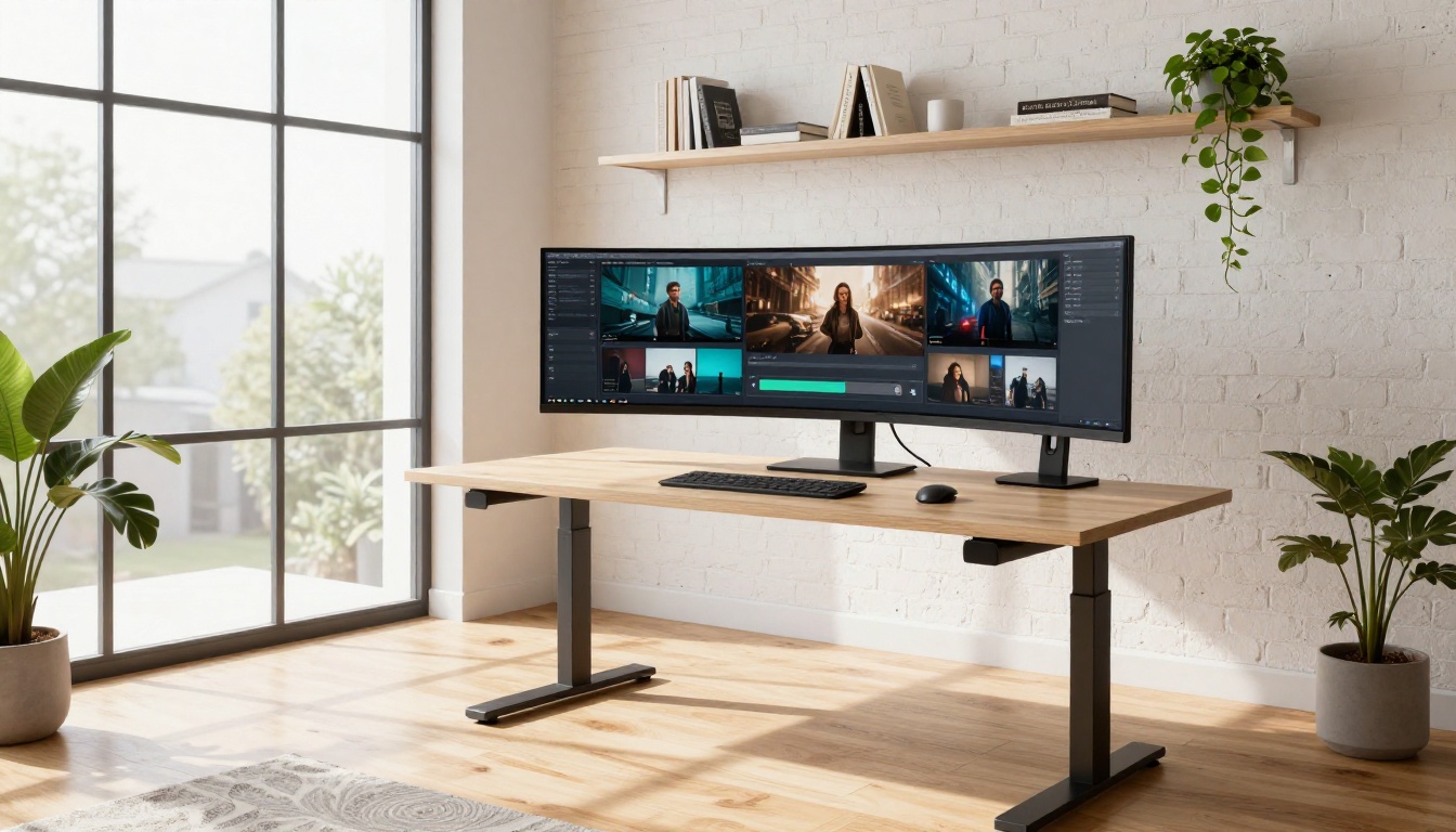 Modern home studio setup with ultrawide monitor showing AI video generation interface and progress thumbnails