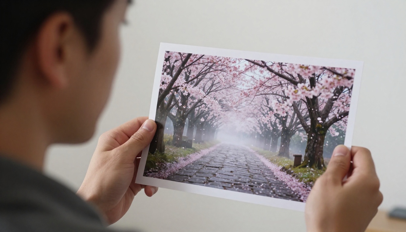 Close-up of a person holding a printed 4K AI-generated video still showing cherry blossom trees in morning mist