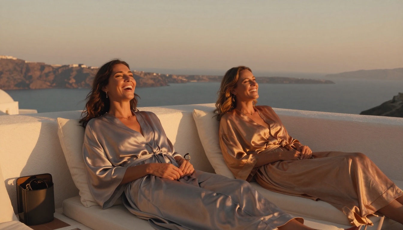 Two women in silk robes on Santorini terrace, golden hour lifestyle