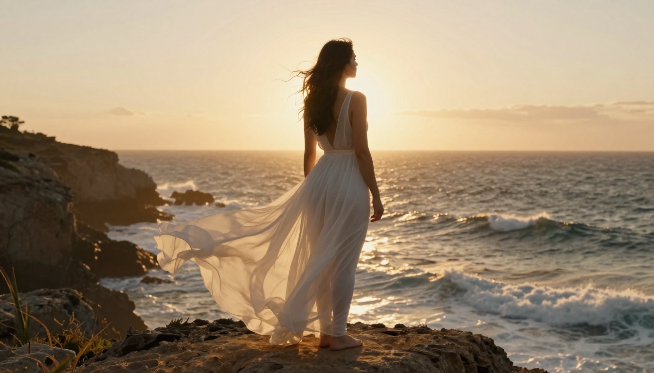 Woman in sheer dress on coastal cliff, dramatic sunset backlight