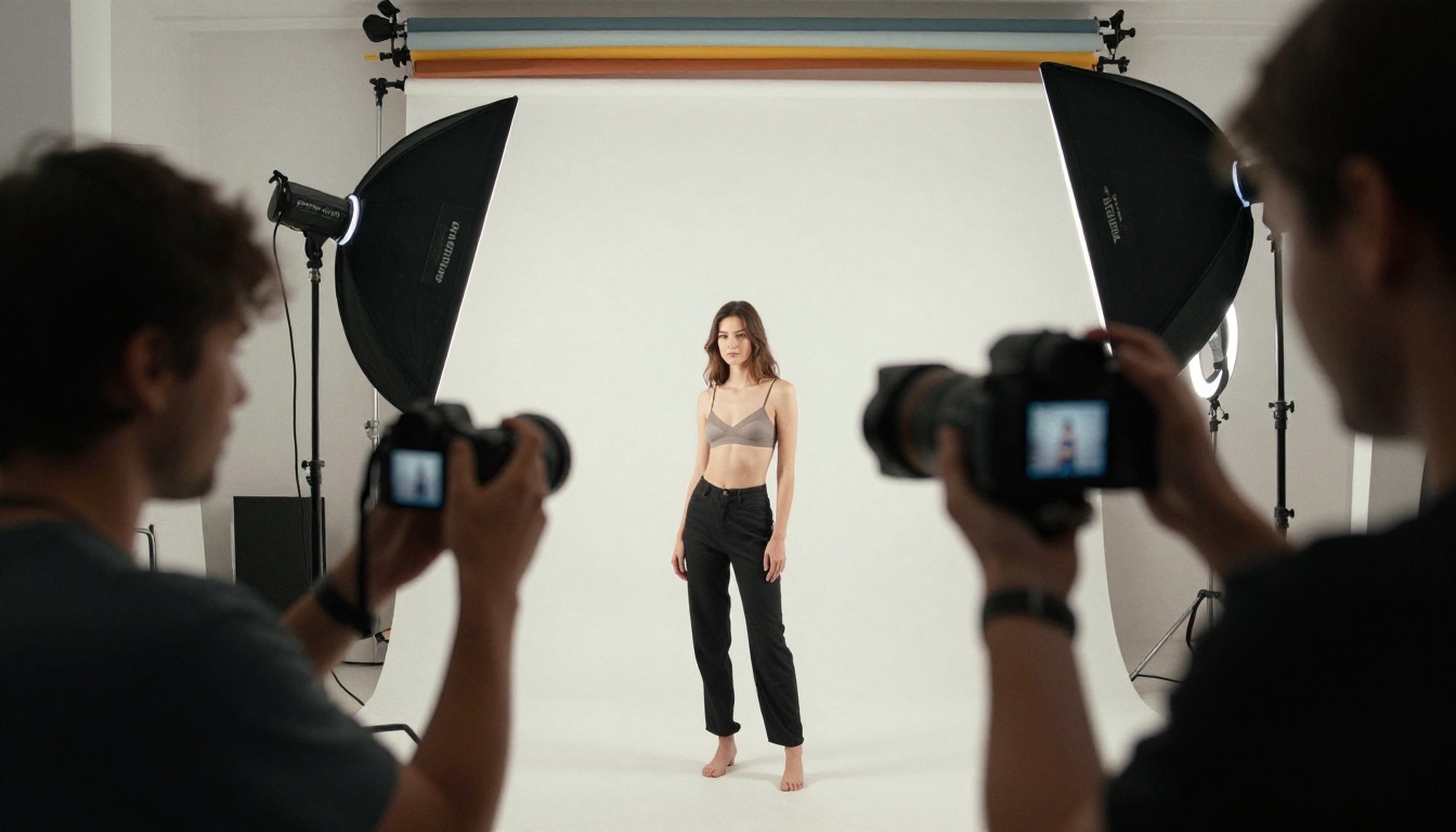 Behind-the-scenes photography studio setup, professional lighting and model