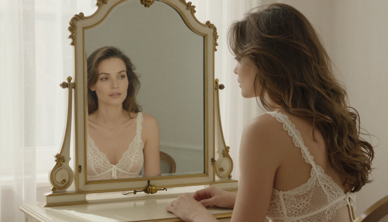 Boudoir photography, woman at vintage vanity, morning light through curtains