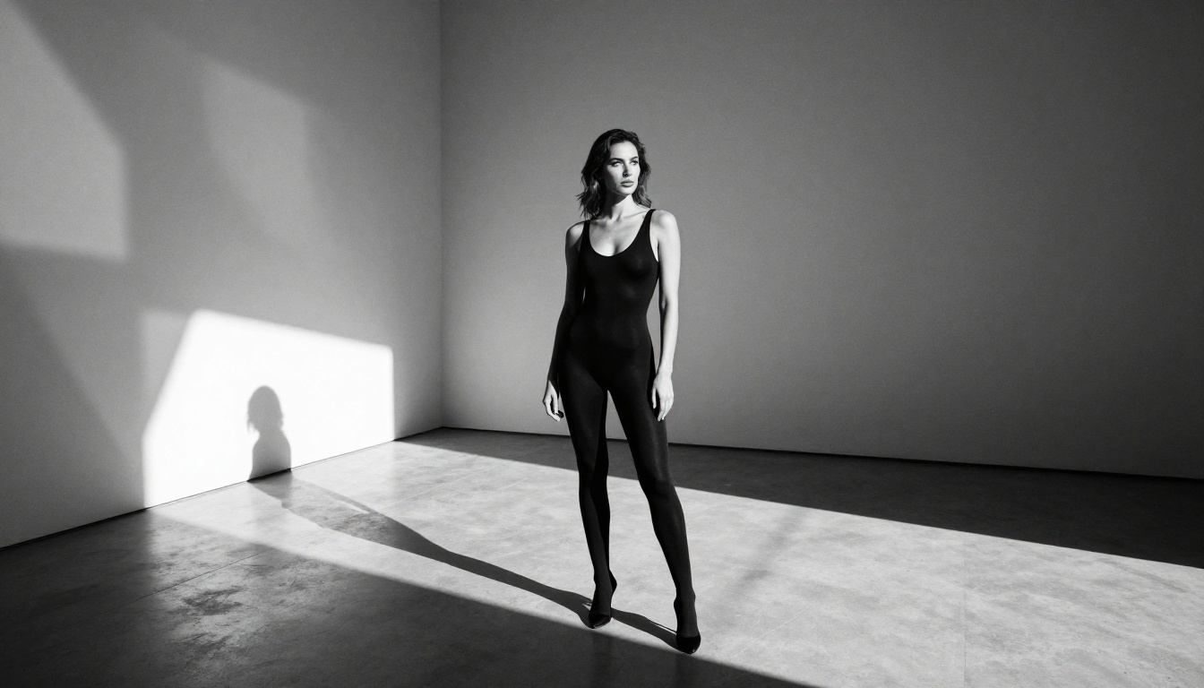 Black and white artistic photography, woman in bodysuit, gallery space