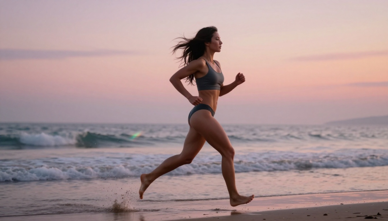 Woman in bikini running on wet shoreline at dawn, action shot