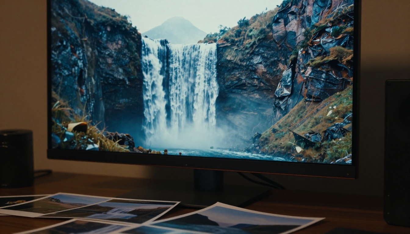 4K monitor displaying AI-generated video frames with photorealistic mountain landscape