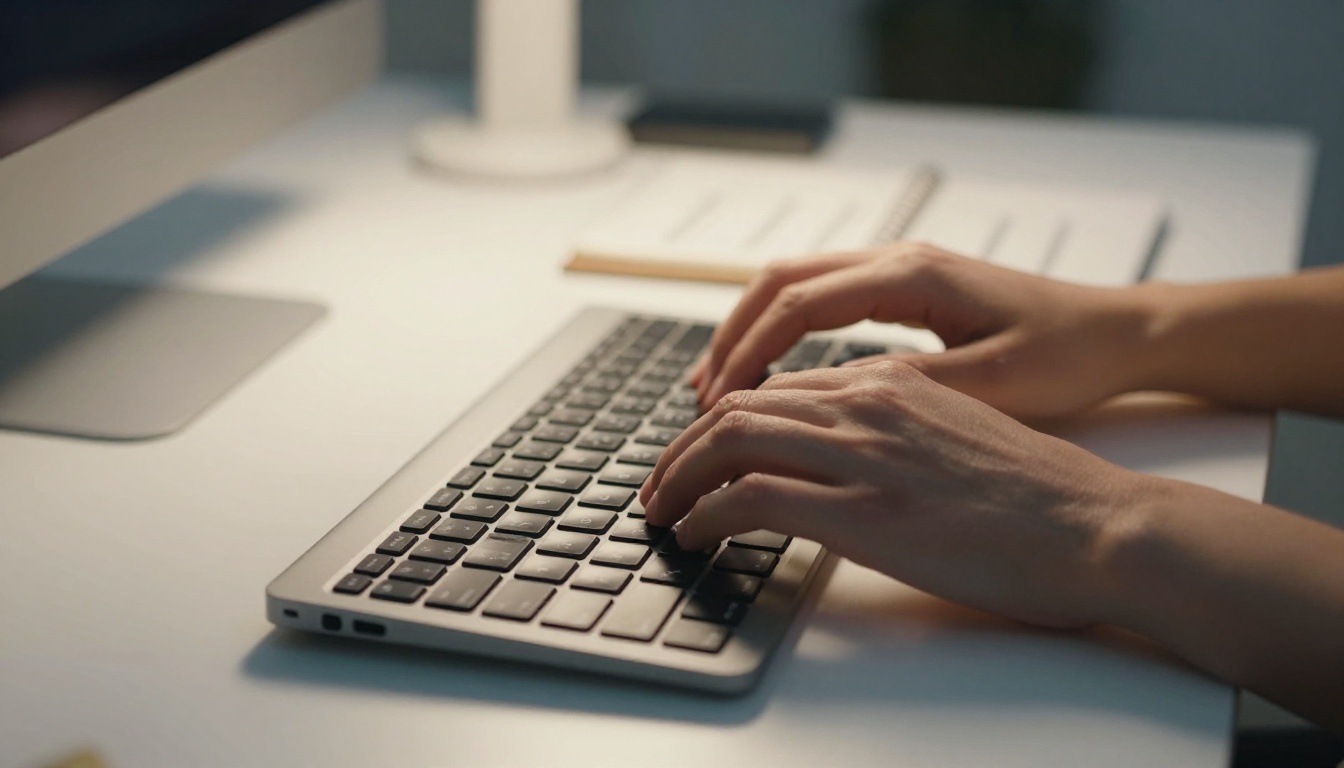 Woman's hands typing on a keyboard while drafting AI video prompts