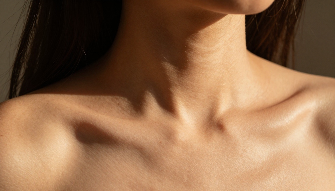 Woman's shoulder and neck skin texture in photorealistic close-up, Kodak Portra film look