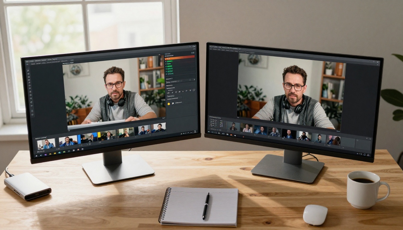 Aerial overhead view of dual monitor setup showing 4K video settings