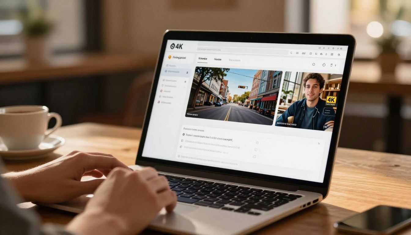 Laptop screen showing AI video platform interface in a warm café setting