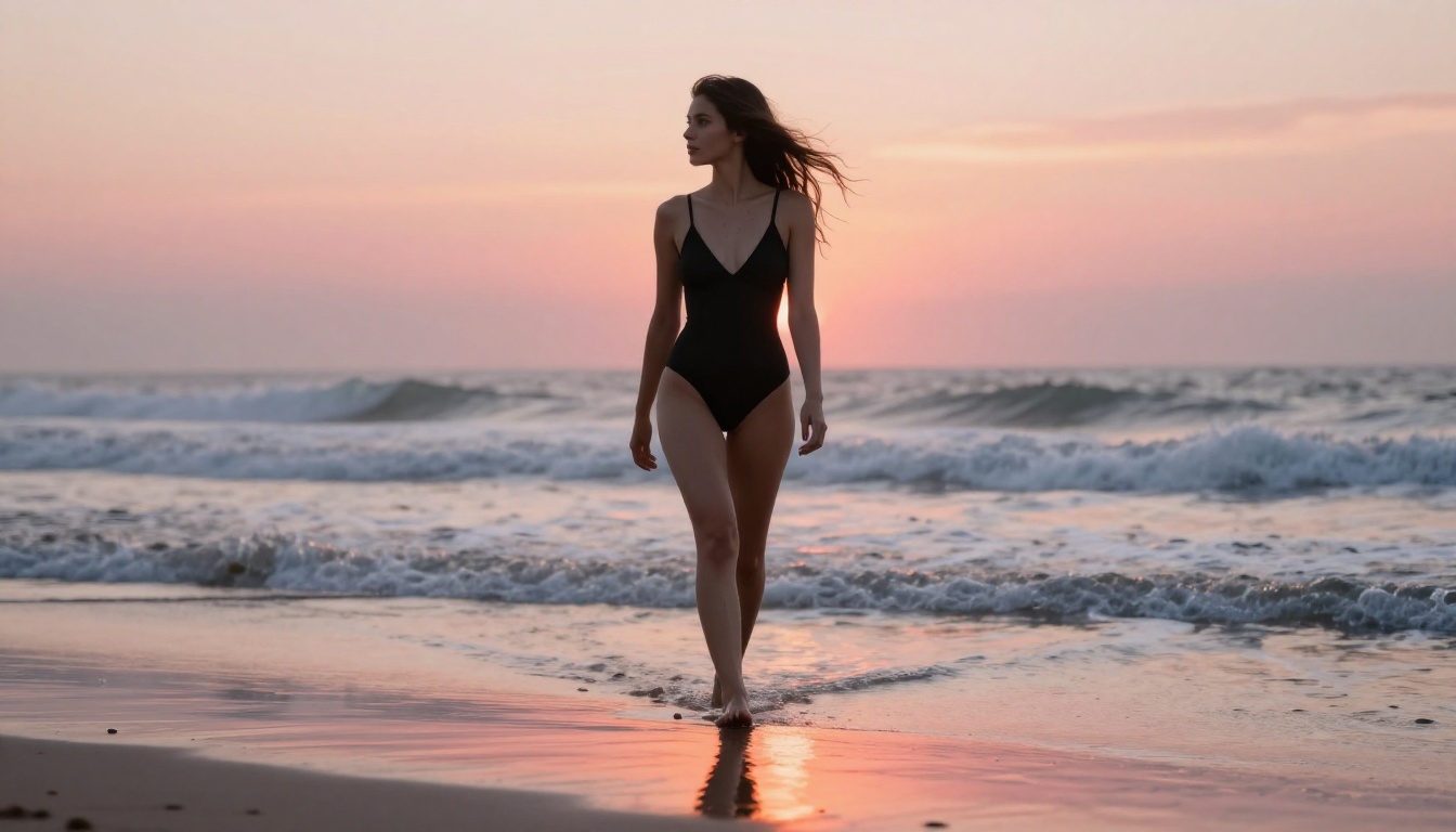 Woman in black swimsuit walking along shoreline at dawn, wet sand reflections