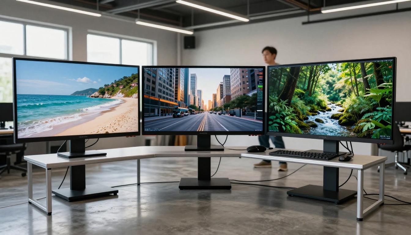 Three monitors in a professional studio showing different AI-generated 4K video scenes