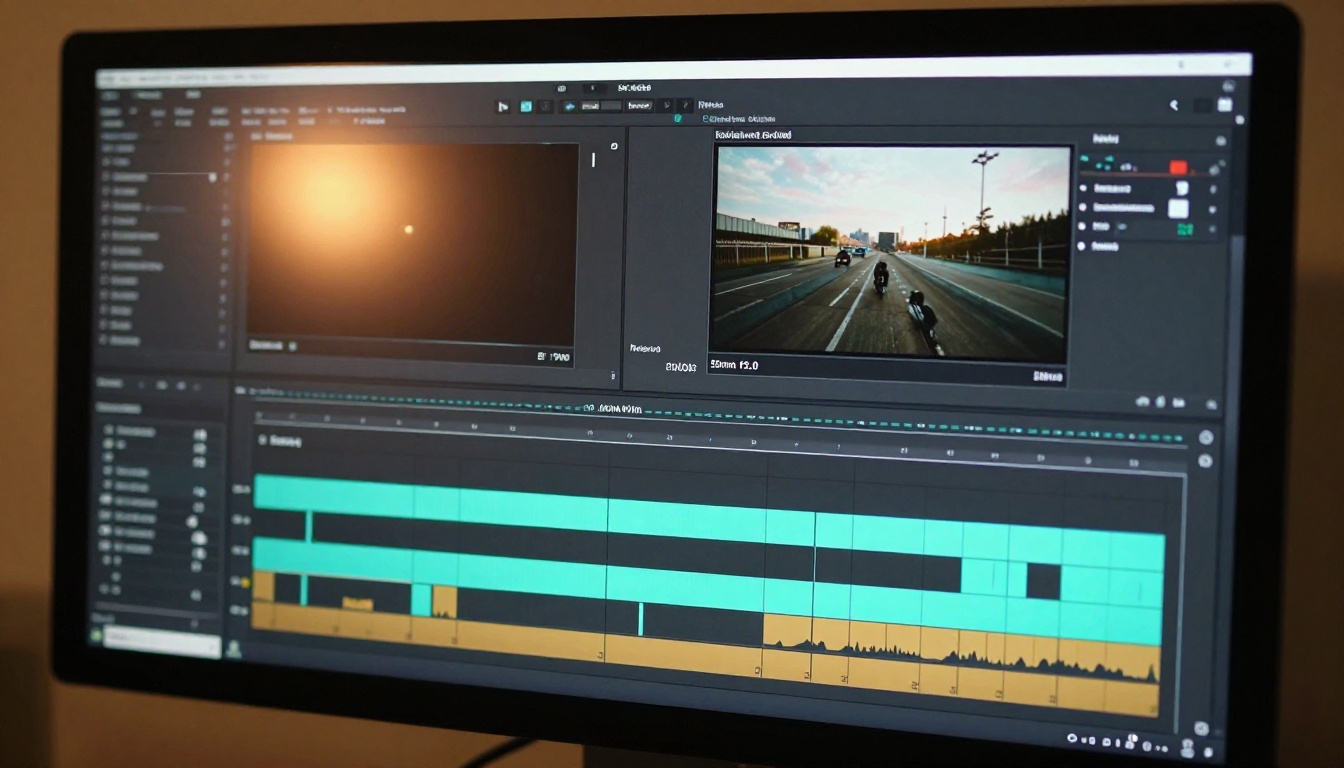 Video editing software timeline showing layered color-graded footage with smooth extension markers Video editing software timeline showing layered color-graded footage with smooth extension markers