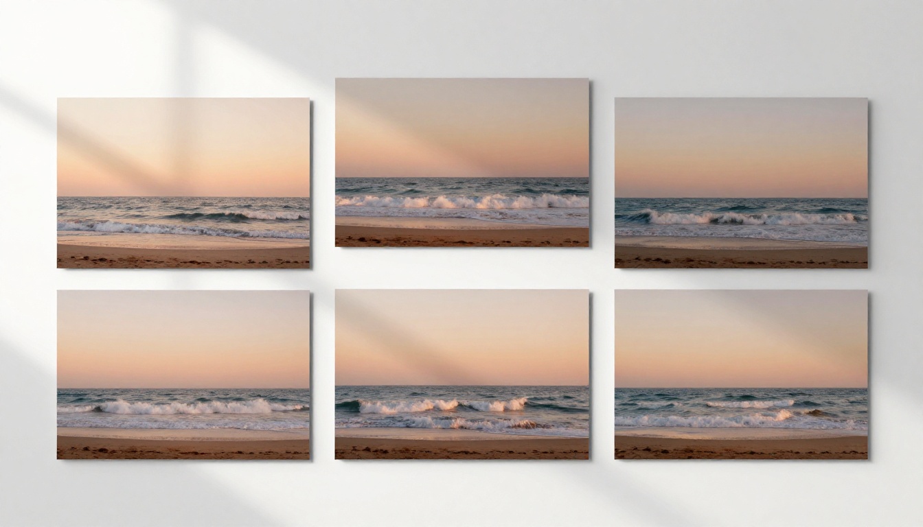 Sequential film stills showing beach scene continuity across five frames Sequential film stills showing beach scene continuity across five frames