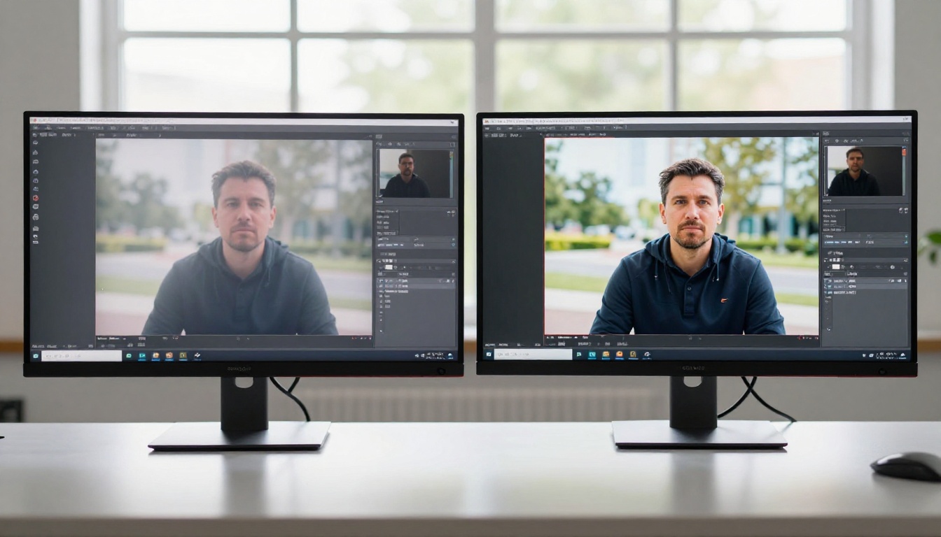 Side-by-side monitor comparison showing standard resolution vs 4K video quality difference
