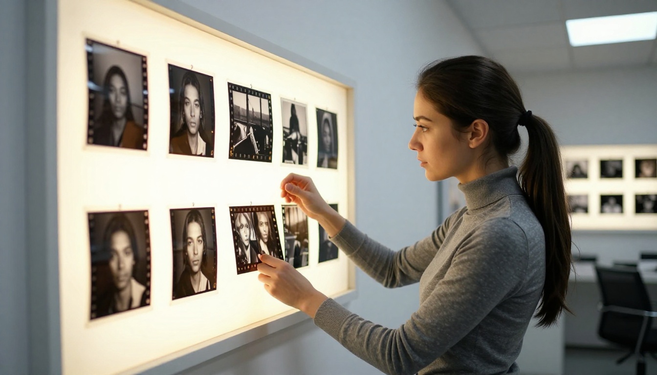 Professional photographer examining printed film strips against an illuminated light board Professional photographer examining printed film strips against an illuminated light board