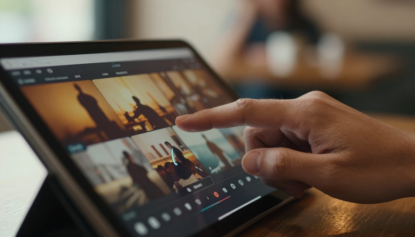 Close-up of hand adjusting AI video generation settings on a tablet screen