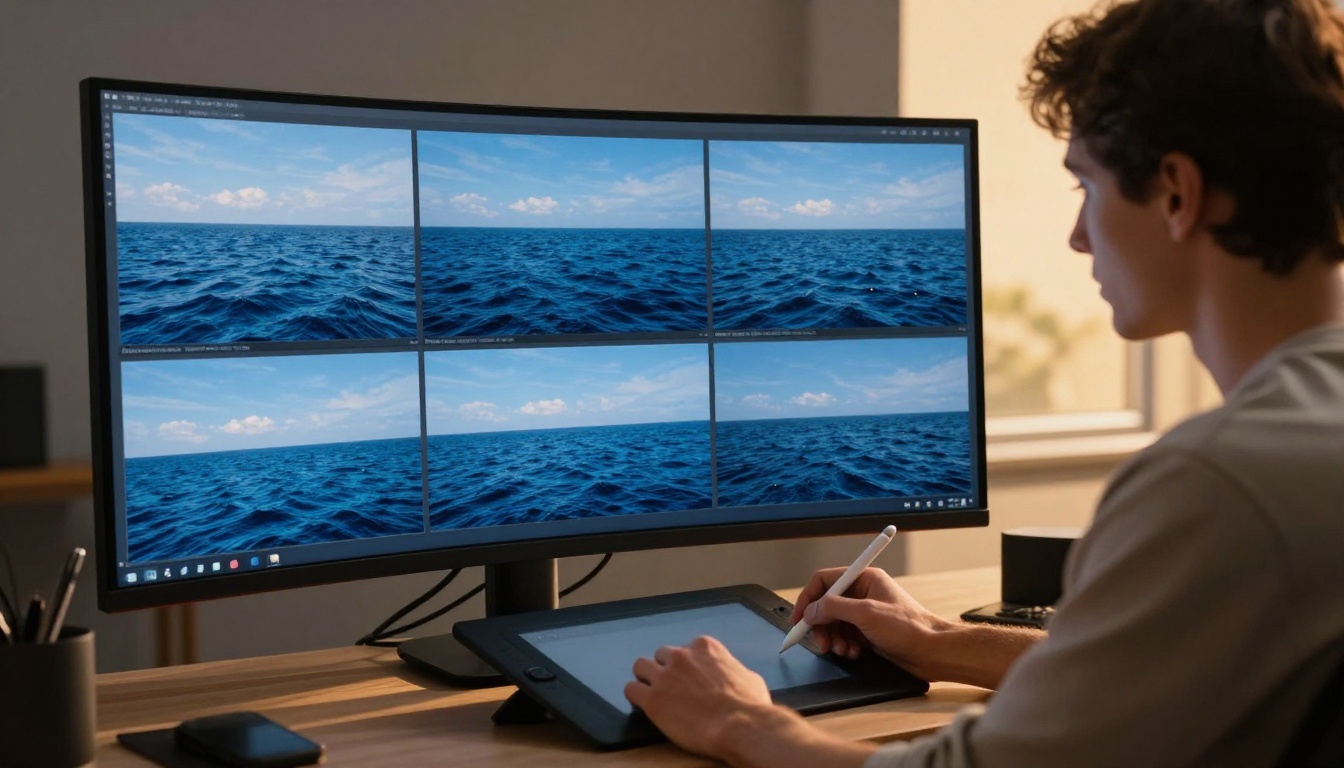 Creative professional reviewing 4K AI video output on a large curved monitor