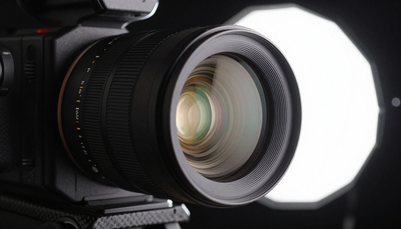 Close-up of a professional cinema camera lens showing optical glass elements and machined aluminum ribbing Close-up of a professional cinema camera lens showing optical glass elements and machined aluminum ribbing