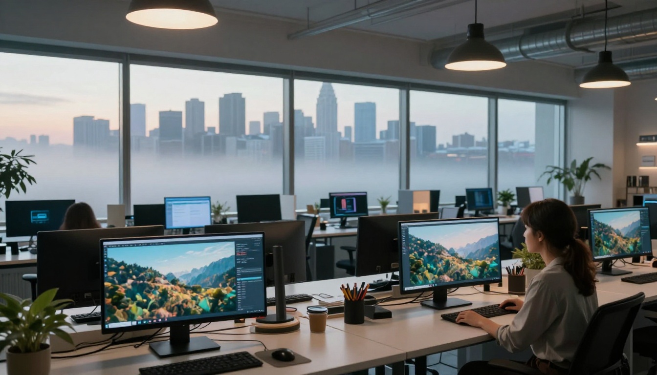 Wide-angle modern creative studio with panoramic city skyline view and multiple workstations