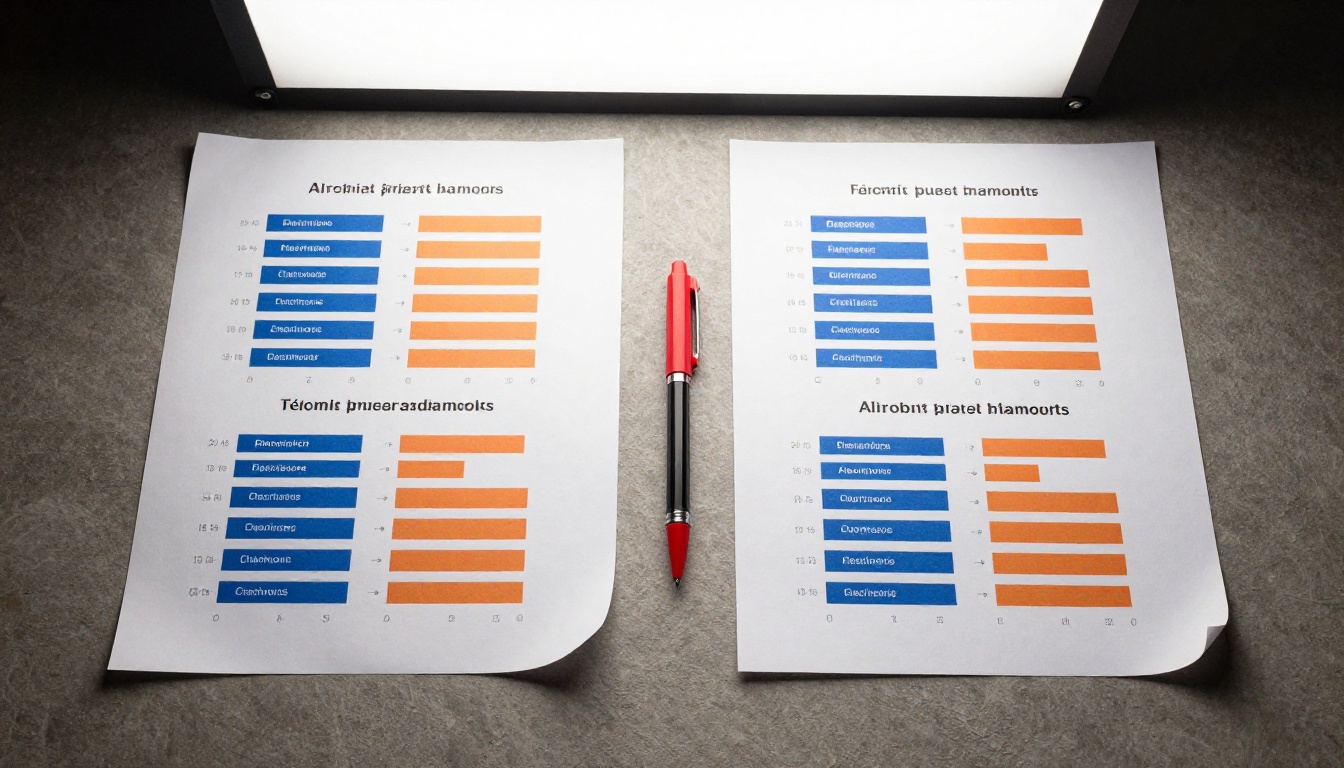 Overhead flat lay of printed AI video benchmark comparison charts with blue and orange bar graphs Overhead flat lay of printed AI video benchmark comparison charts with blue and orange bar graphs