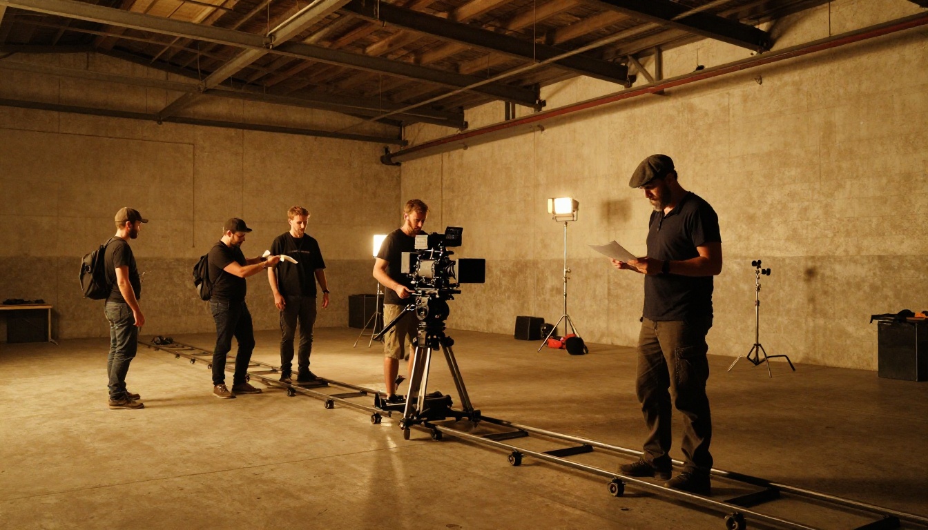 Wide shot of a film production crew positioning a cinema camera on a dolly track in a warehouse studio Wide shot of a film production crew positioning a cinema camera on a dolly track in a warehouse studio