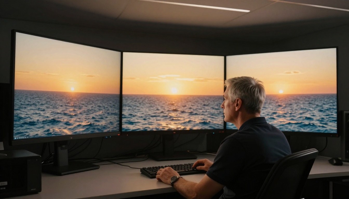 Professional colorist reviewing seamless video continuations across a curved multi-monitor post-production suite Professional colorist reviewing seamless video continuations across a curved multi-monitor post-production suite