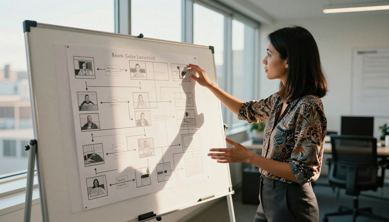 Data scientist examining a video frame sequence flow chart on a foam board in a bright open-plan office Data scientist examining a video frame sequence flow chart on a foam board in a bright open-plan office