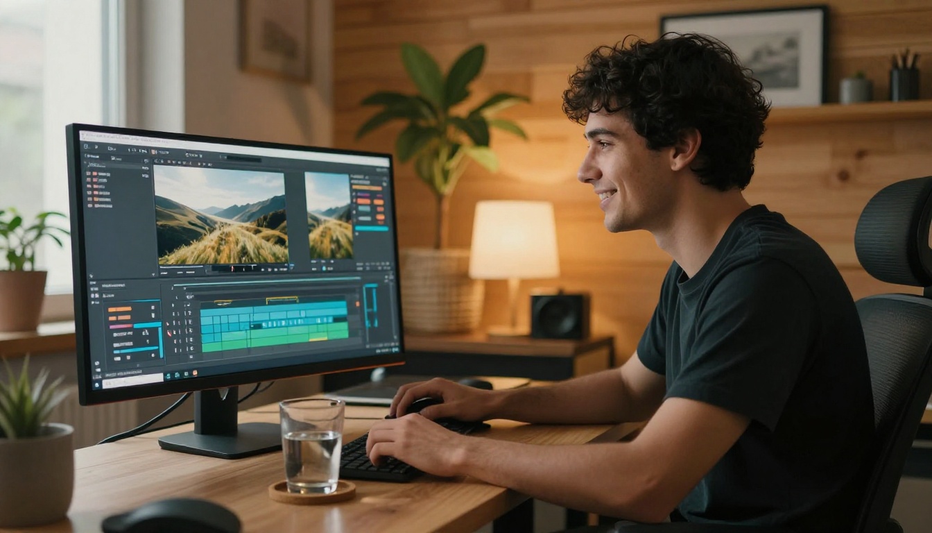 Content creator working at a home studio monitor with a smooth video editing interface visible on screen Content creator working at a home studio monitor with a smooth video editing interface visible on screen
