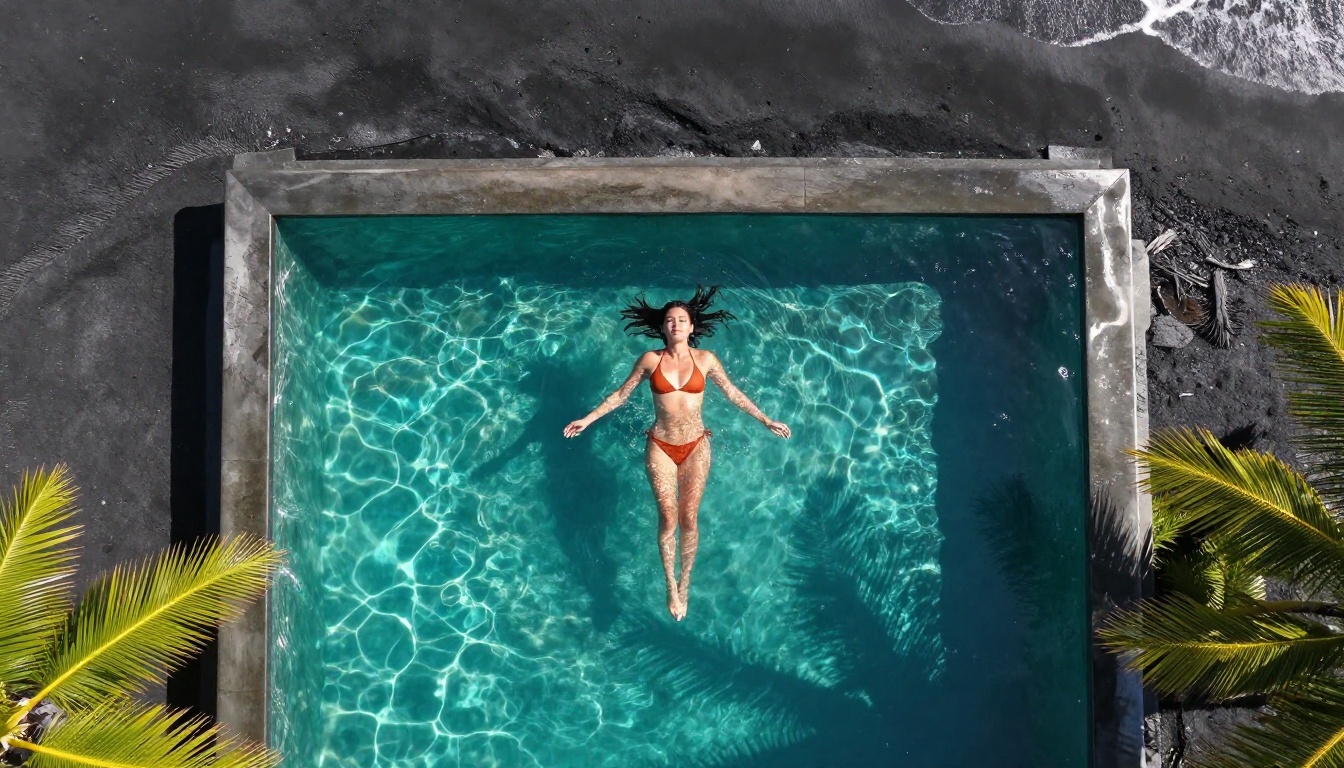 Aerial drone view of infinity pool at tropical resort