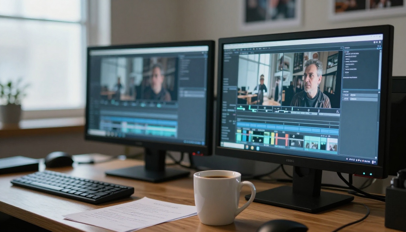Side-by-side video frame comparison on cinema monitors