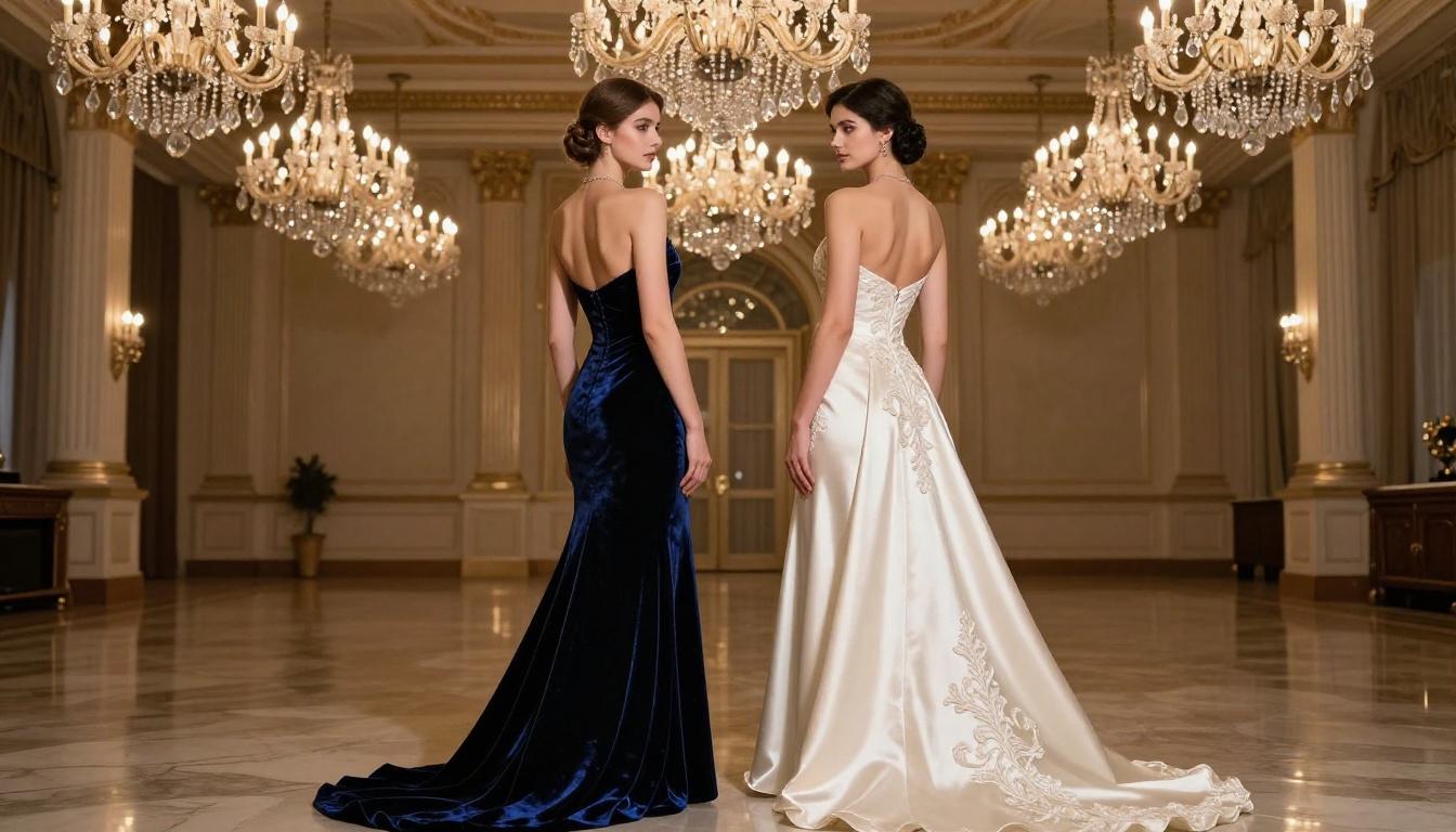 Two elegant women in evening gowns in a grand ballroom