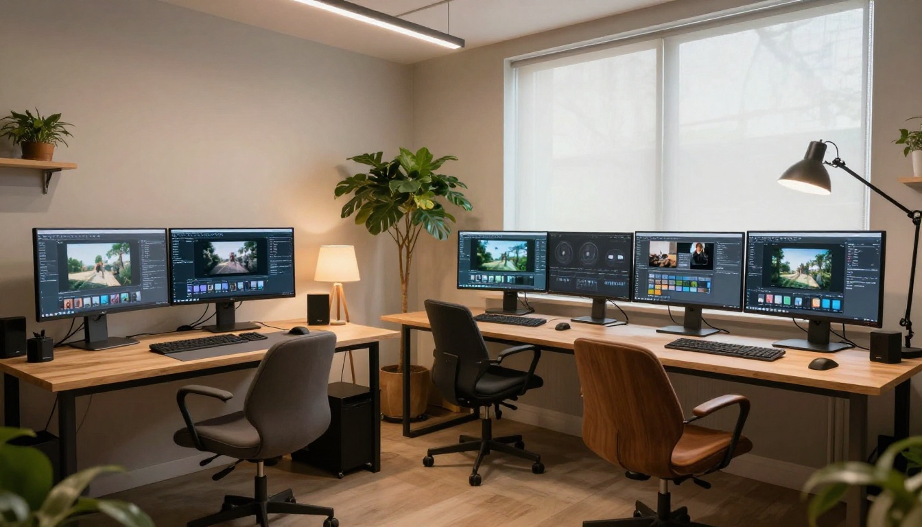 Modern AI creative studio with software interfaces and plants