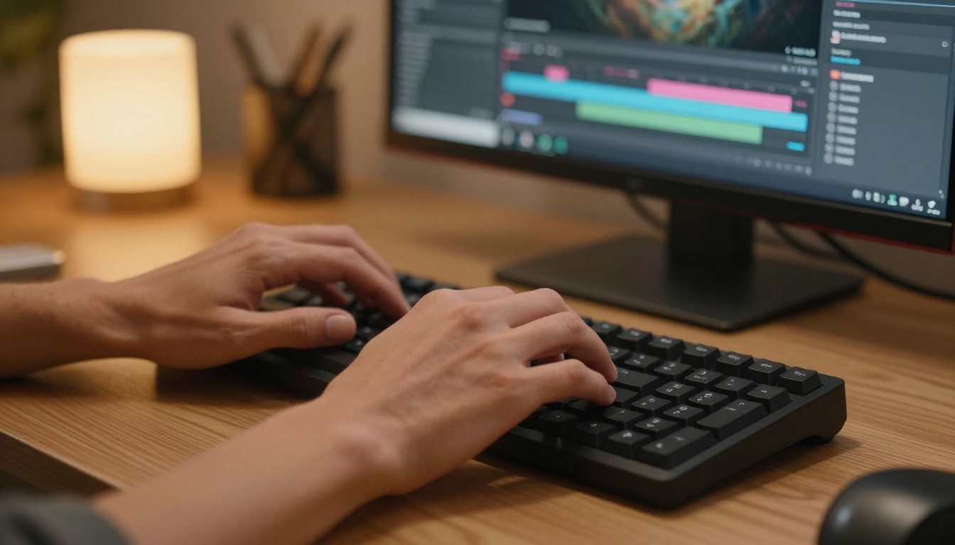 Close-up of hands typing, AI interface in background Close-up of hands typing, AI interface in background