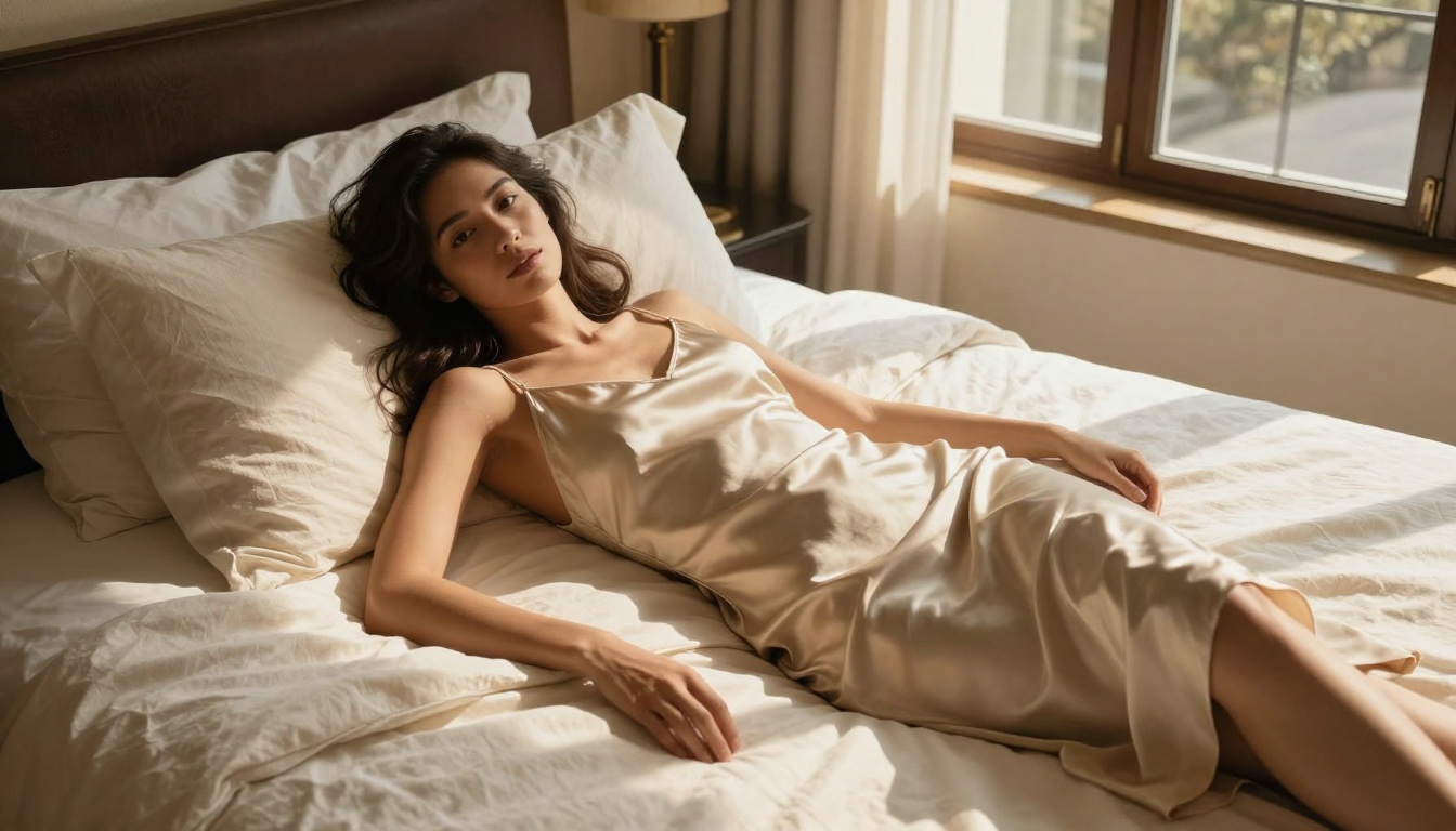 Luxury hotel room glamour portrait on ivory linen