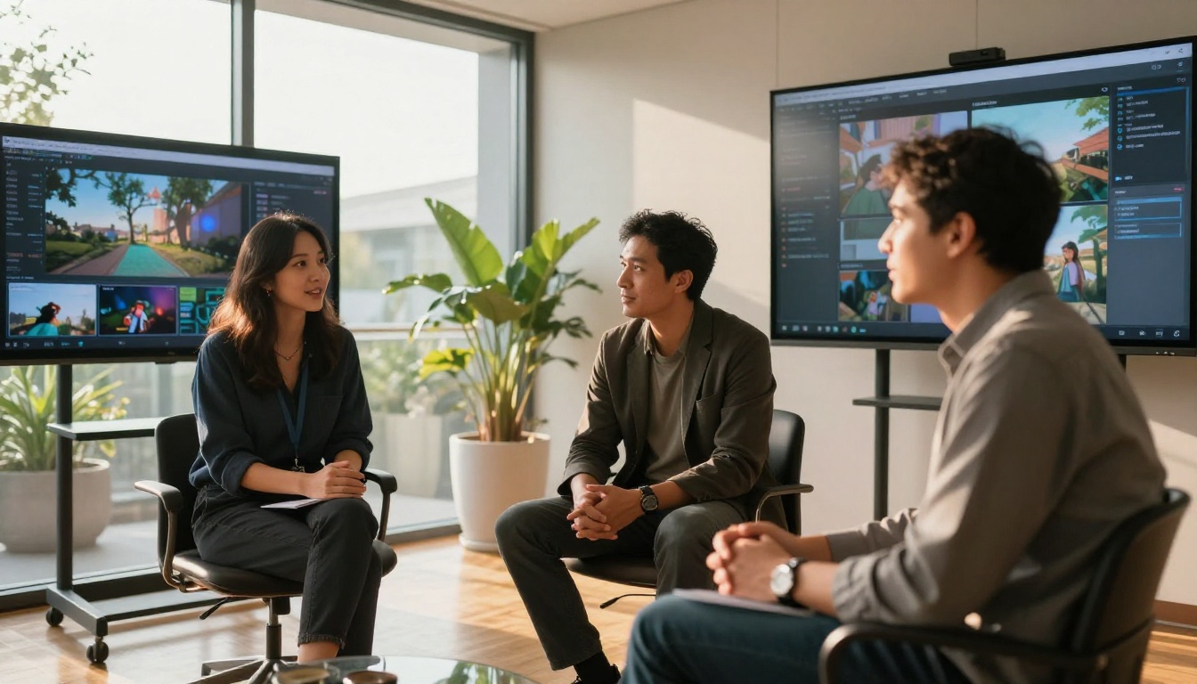 Creative professionals in focused workflow discussion, glass-wall studio