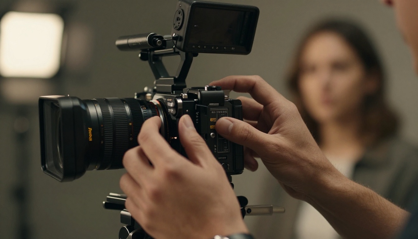 Camera operator hands adjusting focus on cinema camera on set